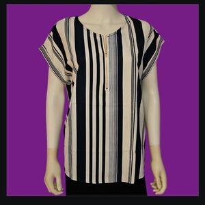 Vintage Vertical Stripe Half Zip High-Low Short Sleeve Nautical Tunic XL